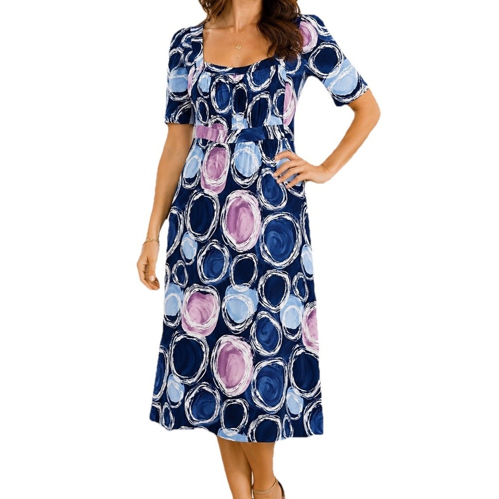 To The Max Vintage 90s Midi Dress M Blue Pink Abstract Circles Square Neck